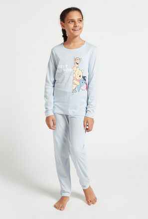 Winnie The Pooh Print Round Neck T-shirt and Full Length Pyjama Set