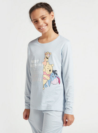 Winnie The Pooh Print Round Neck T-shirt and Full Length Pyjama Set