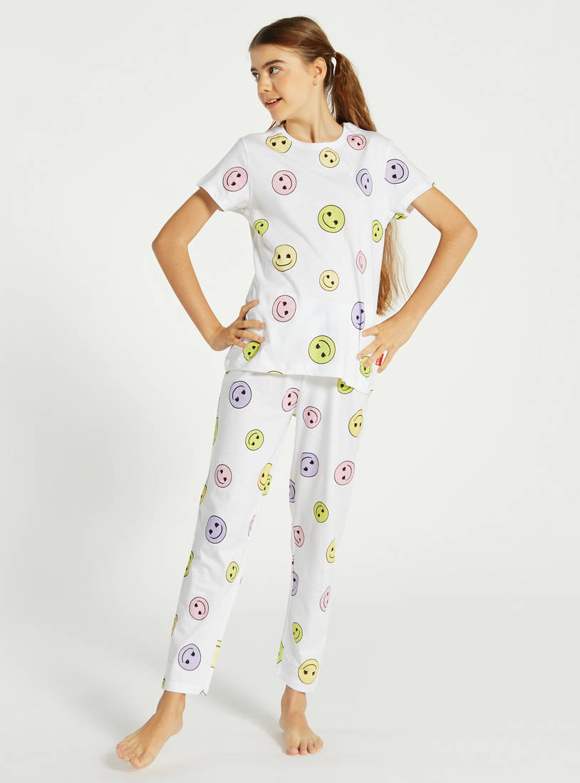 Smiley Print Short Sleeve T-shirt and Pyjama Set-Pyjama Sets-image-0