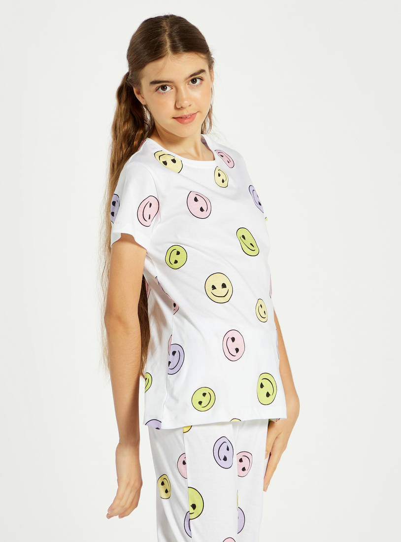 Smiley Print Short Sleeve T-shirt and Pyjama Set-Pyjama Sets-image-1