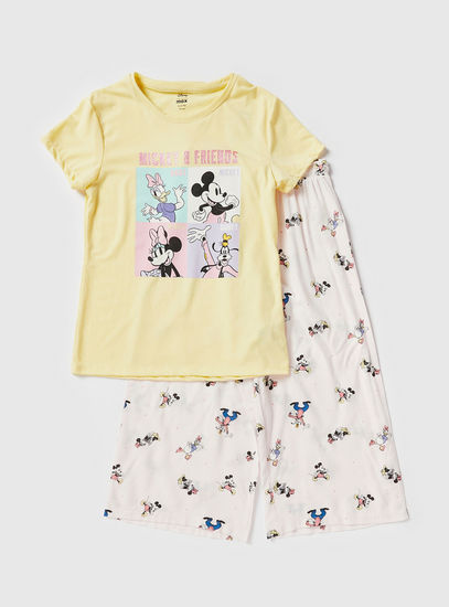 Mickey and Friends Print Crew Neck T-shirt and Pyjama Set-Pyjama Sets-image-0