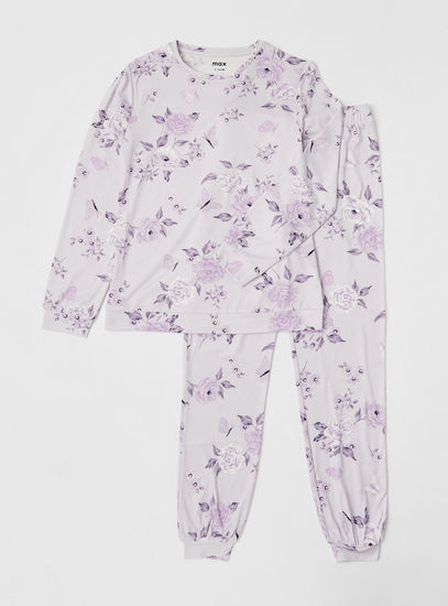 Floral Print Round Neck T-shirt and Full Length Pyjama Set