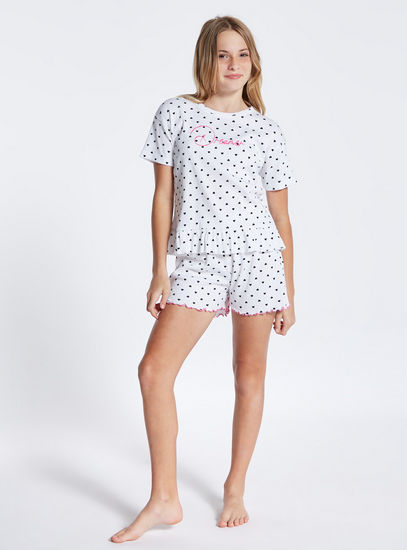 Printed Round Neck T-shirt with Ruffle Detail and Shorts Set