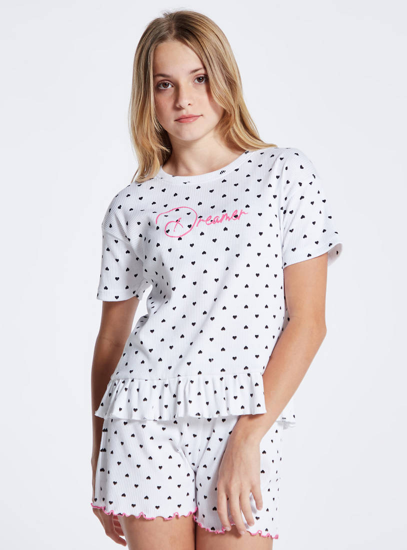 Printed Round Neck T-shirt with Ruffle Detail and Shorts Set-Pyjama Sets-image-1