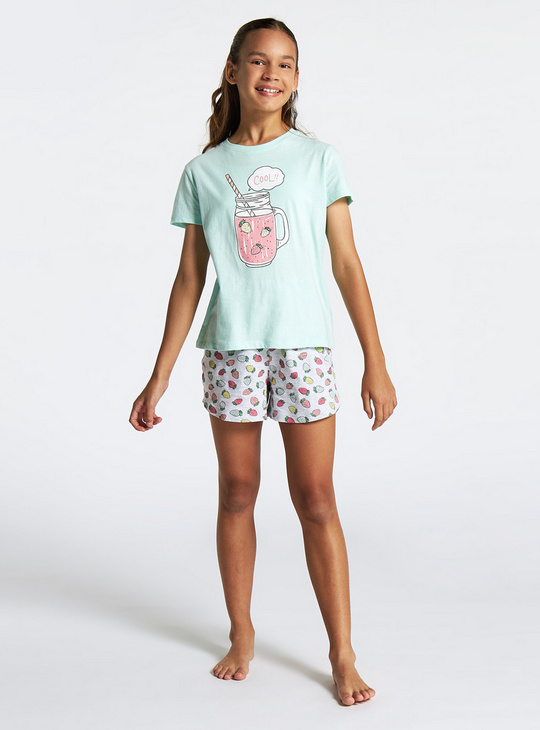 Strawberry Print Round Neck T-shirt and Pyjama Shorts Set