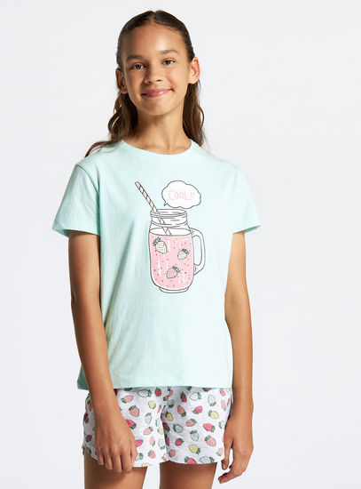 Strawberry Print Round Neck T-shirt and Pyjama Shorts Set