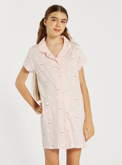 قميص نوم بأكمام قصيرة وطبعات منقطة-قمصان النوم-image-1