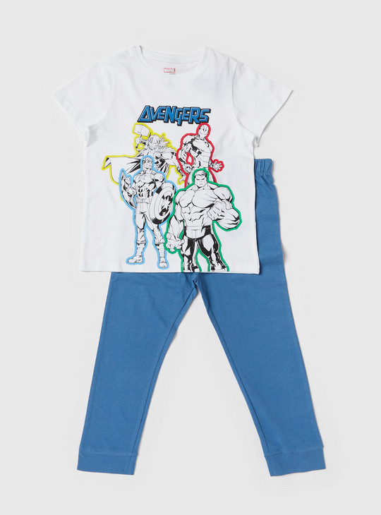 Avengers Print Round Neck T-shirt and Full Length Pyjama Set