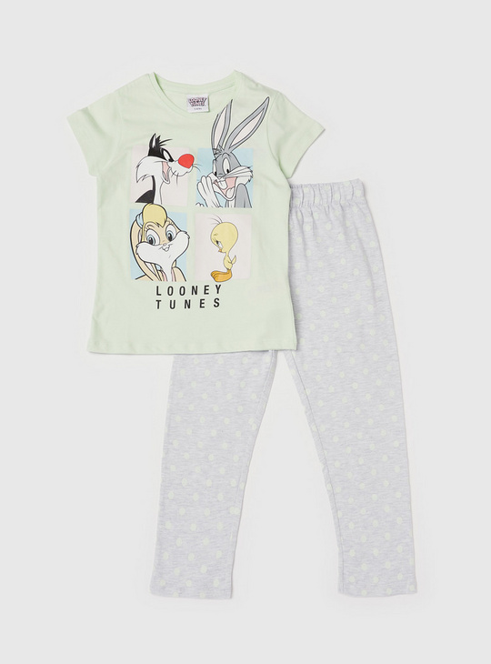 Looney Tunes Print T-shirt and Full Length Pyjama Set