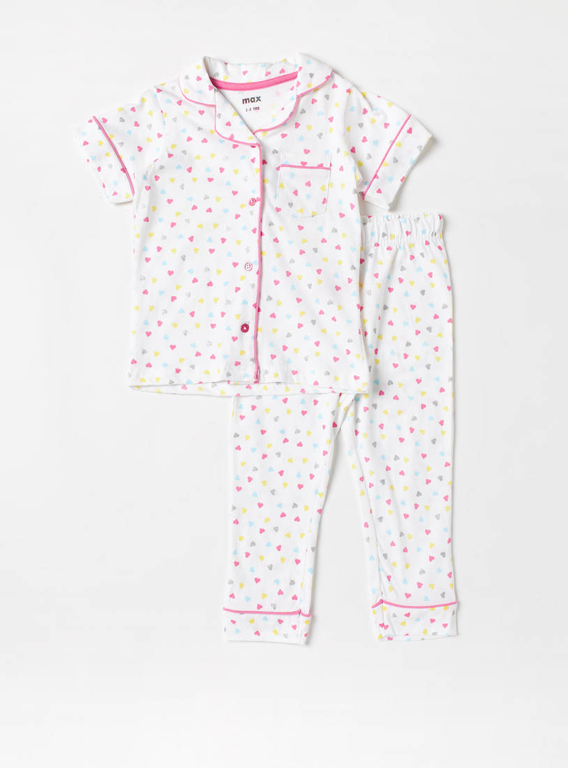 Heart Print Short Sleeves Shirt and Pyjama Set-Pyjama Sets-image-0