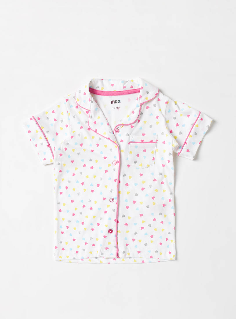 Heart Print Short Sleeves Shirt and Pyjama Set-Pyjama Sets-image-1