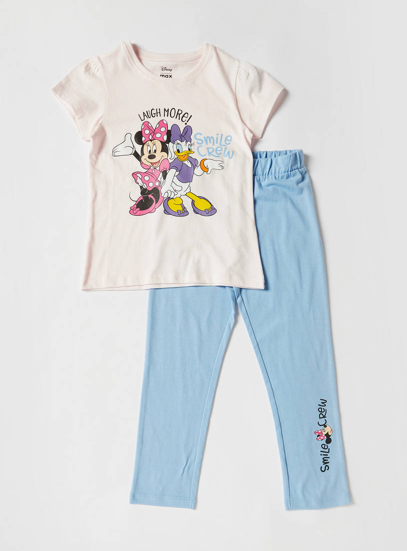 Minnie and Daisy Print Round Neck T-shirt and Full Length Pyjama Set-Pyjama Sets-image-0