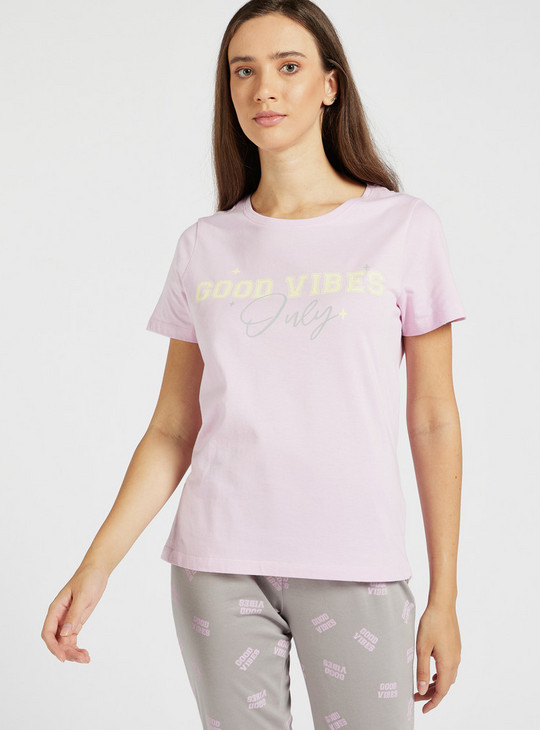 Printed BCI Cotton Short Sleeves T-shirt and Full Length Pyjama Set
