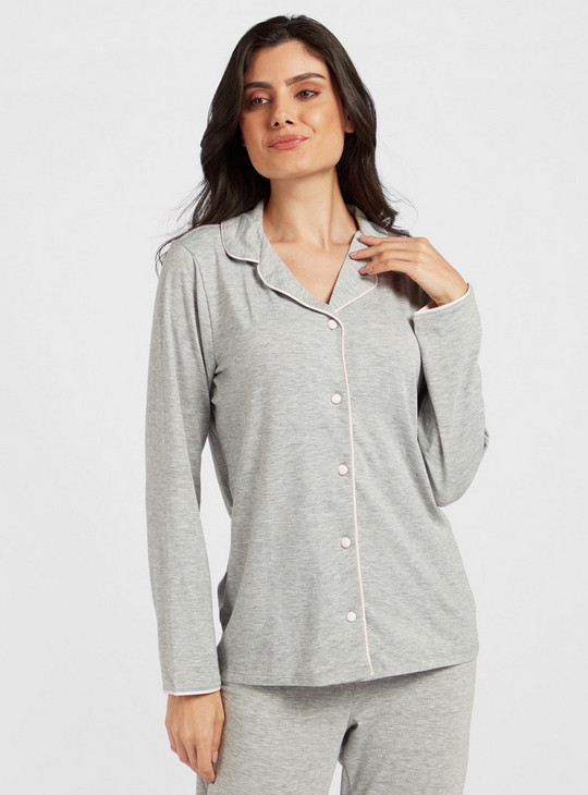 Solid Long Sleeves Shirt and Full Length Pyjama Set