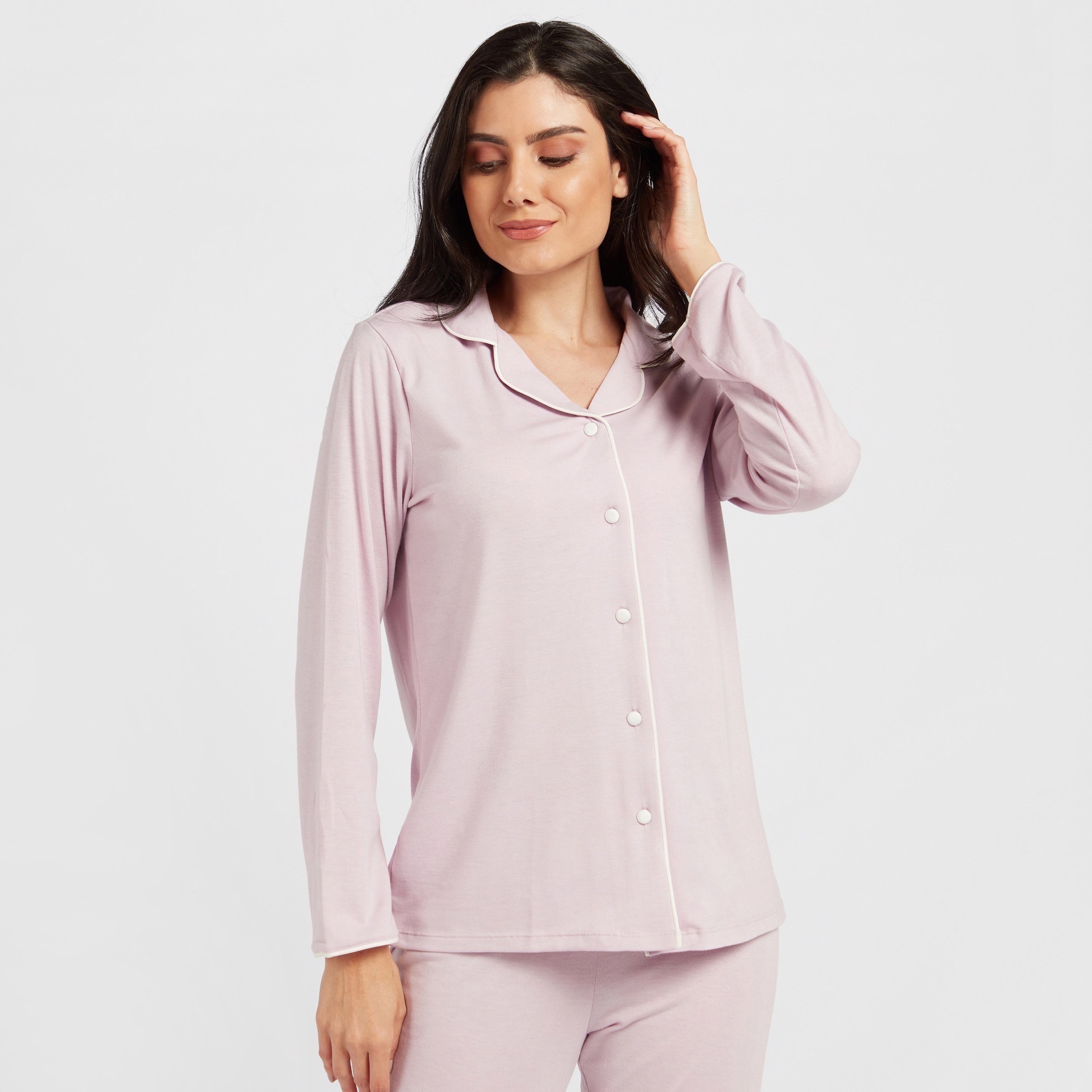 Plain Long Sleeves Shirt and Full Length Pyjama Set