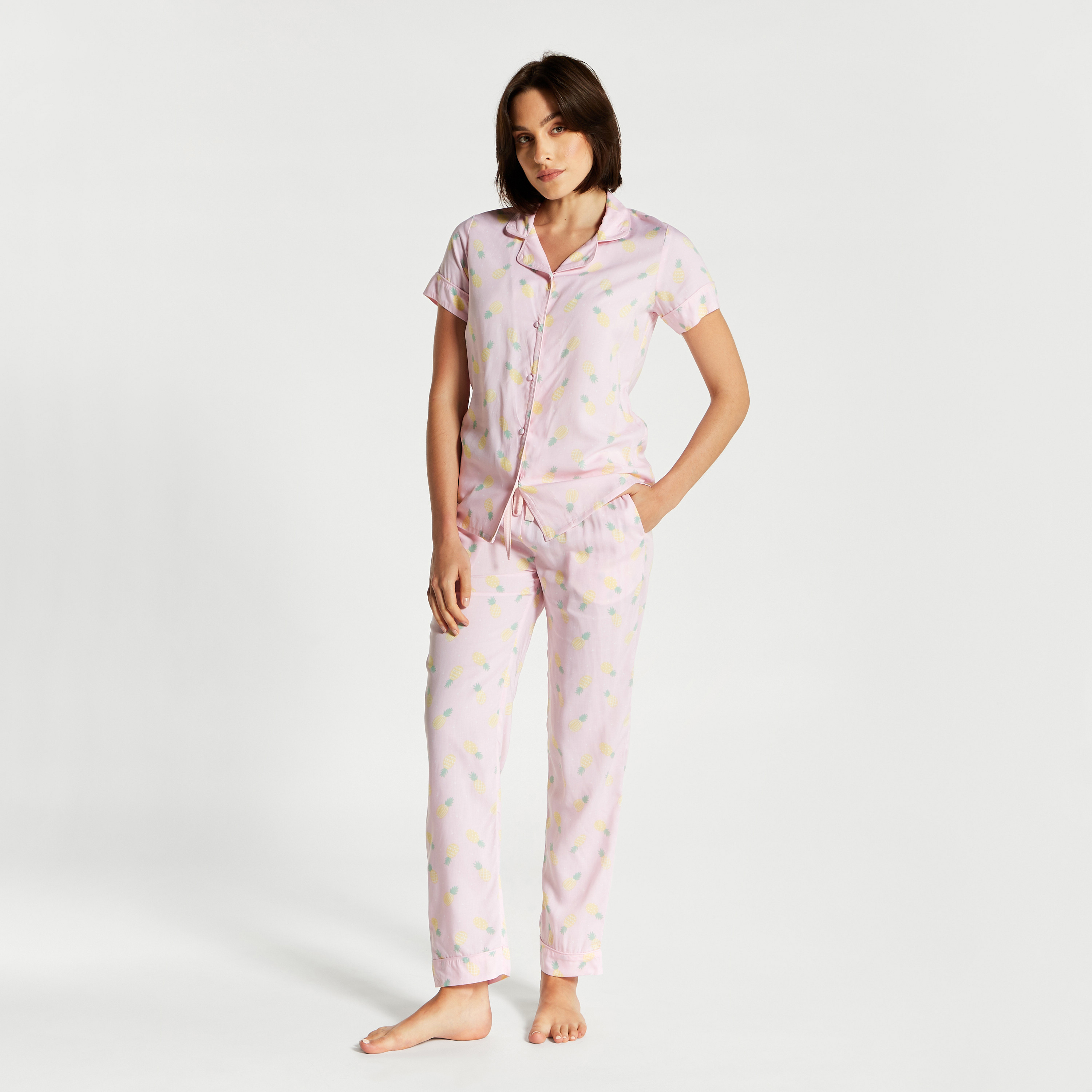 Shop All Over Pineapple Print Short Sleeves Shirt and Pyjama Set