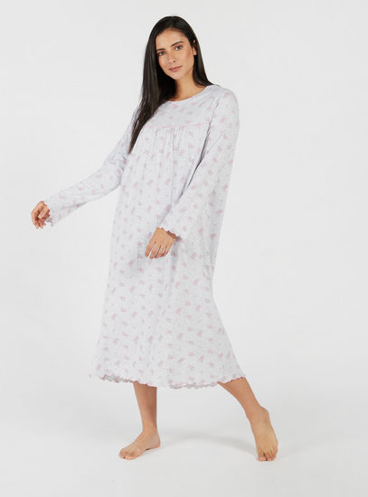 All-Over Printed Sleep Gown with Long Sleeves