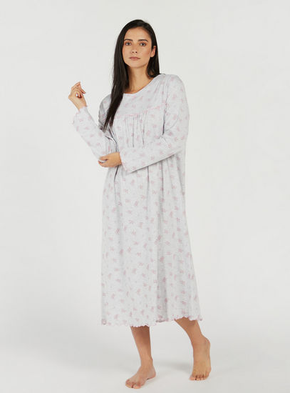 All-Over Printed Sleep Gown with Long Sleeves
