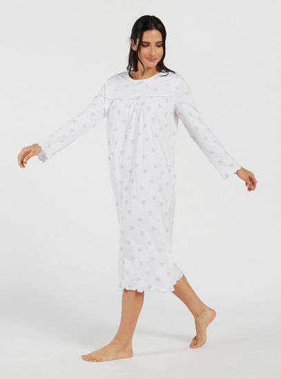 ثوب نوم بياقة مستديرة وأكمام طويلة وطبعات-قمصان النوم-image-1