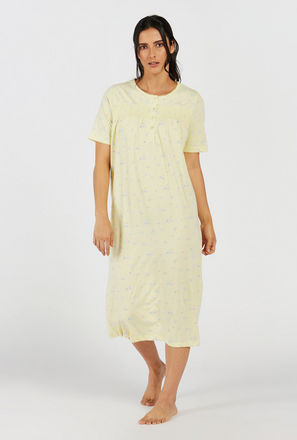 All-Over Floral Print Midi Sleep Gown with Button Closure