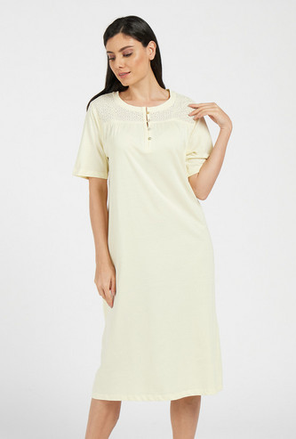 Schiffli Detail Solid Sleep Gown with Button Closure and Short Sleeves