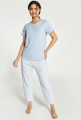 Solid Henley T-shirt and Full Length Pyjama Set