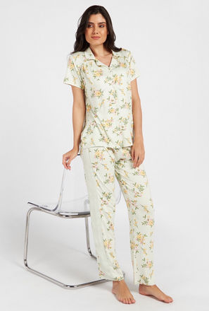 Floral Print Short Sleeves Shirt and Full Length Pyjama Set