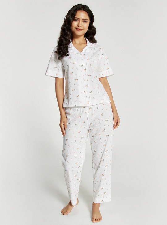 Printed Short Sleeves Shirt and Full Length Pyjama Set