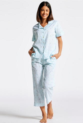 All-Over Floral Print Shirt and Pocket Detail Pyjamas Set