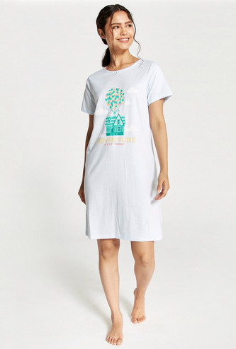 Printed Sleepshirt with Round Neck and Short Sleeves