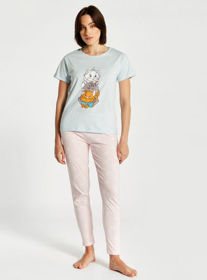 Marie Cat Print Round Neck T-shirt and Full Length Pyjama Set-Pyjama Sets-image-0