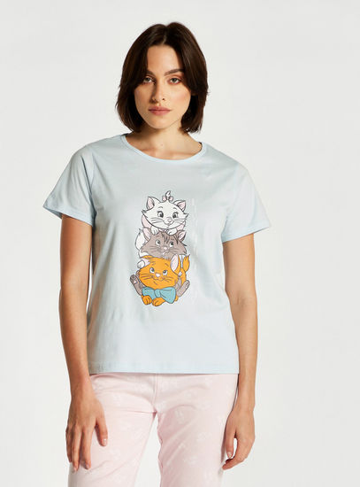 Marie Cat Print Round Neck T-shirt and Full Length Pyjama Set-Pyjama Sets-image-1