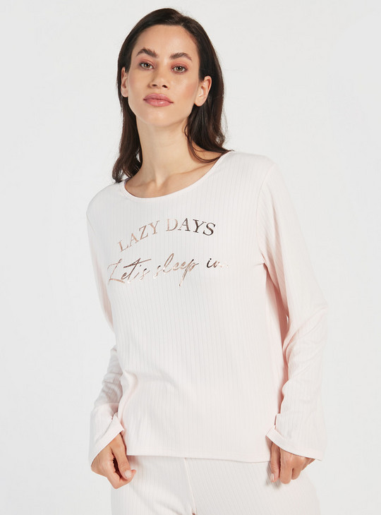 Typographic Print T-shirt and Textured Pyjamas Set