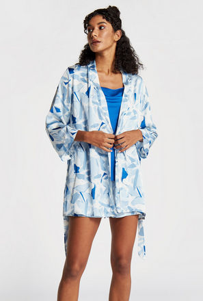 Printed Robe with Long Sleeves and Tie-Up Belt