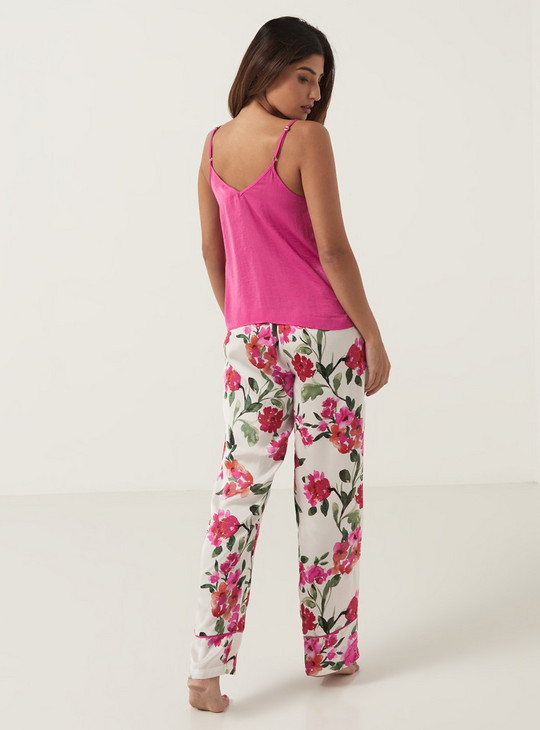 Solid Sleeveless Top and Full Length Printed Pyjama Set