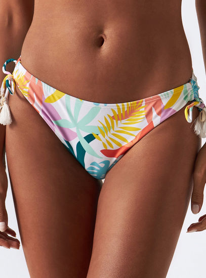 Tropical Print Bikini Briefs with Side Tie-Ups and Tassels
