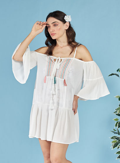 Embroidered Cold Shoulder Tiered Cover Up with Tie-Up Detail