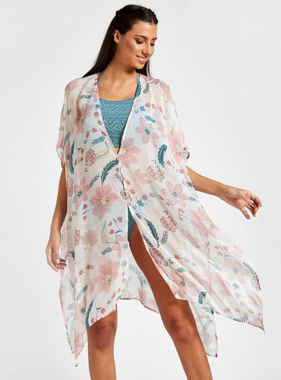 Floral Print V-neck Cover Up with Short Sleeves and Button Closure