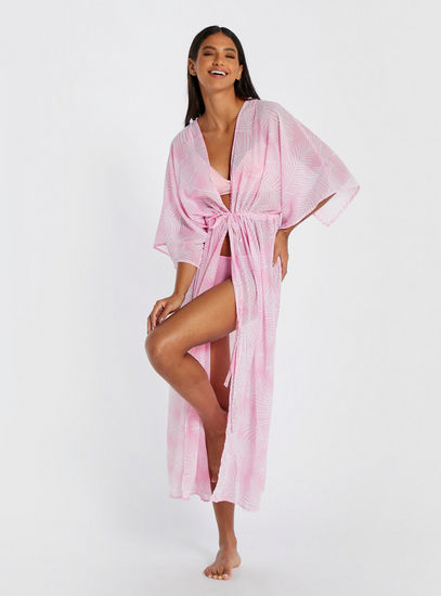 Leaf Print Cover Up with Kimono Sleeves and Drawstring Tie-Up Detail