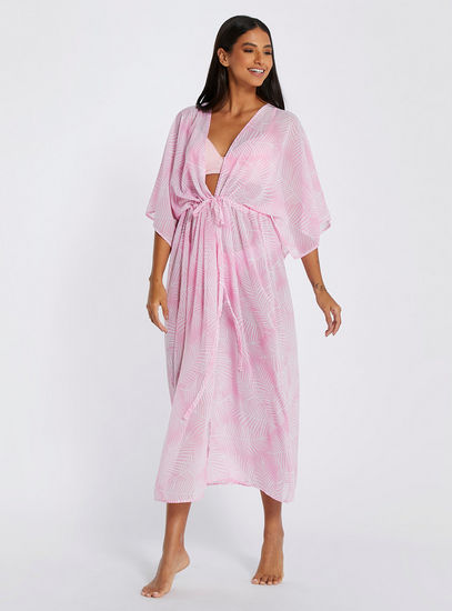 Leaf Print Cover Up with Kimono Sleeves and Drawstring Tie-Up Detail