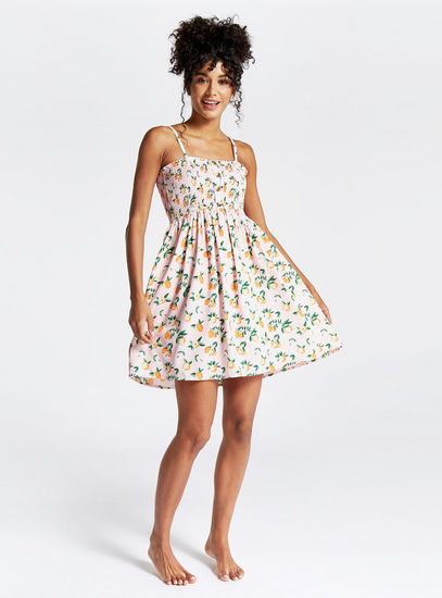 Printed Sleeveless Mini Dress with Shirred Detail and Adjustable Straps