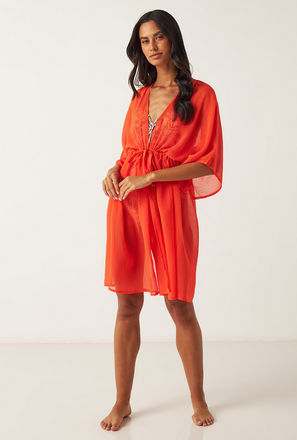 Solid Kaftan Cover Up with Drawstring Tie-Up