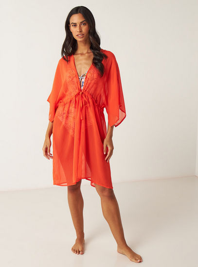 Solid Kaftan Cover Up with Drawstring Tie-Up