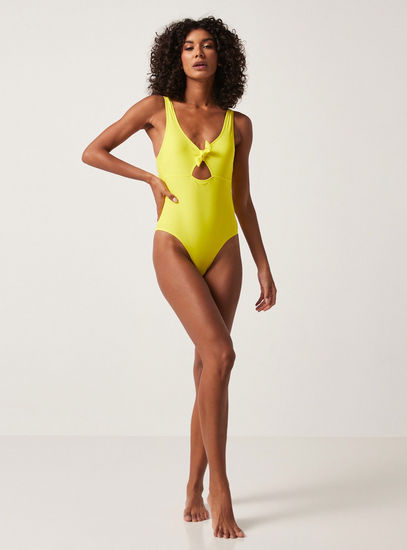 Solid One-Piece Swimsuit with Tie-Up Front