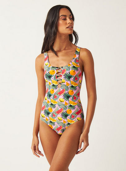 Tropical Print Padded Swimsuit with Cutout Detail-Swimwear-image-1