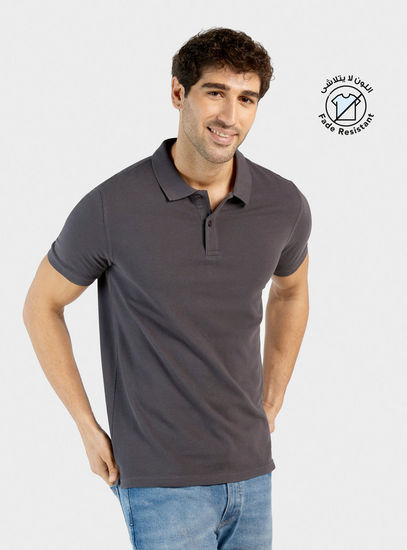 Solid Fade Resistant Polo T-shirt with Short Sleeves and Button Closure
