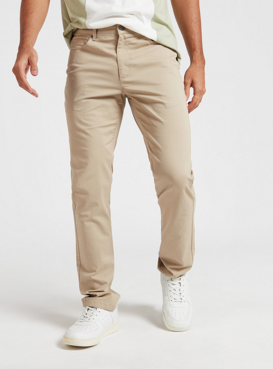 Solid Slim Fit Mid-Rise Pants with Pockets and Button Closure