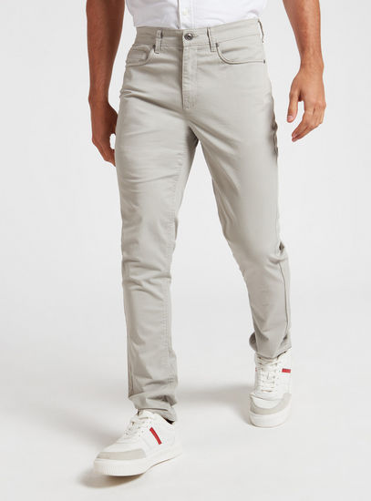 Solid Skinny Fit Mid-Rise Pants with Pockets and Button Closure