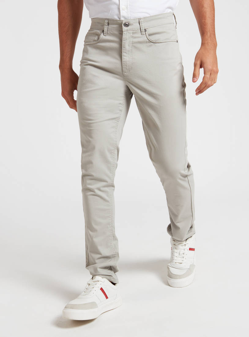 Solid Skinny Fit Mid-Rise Pants with Pockets and Button Closure-Skinny-image-1