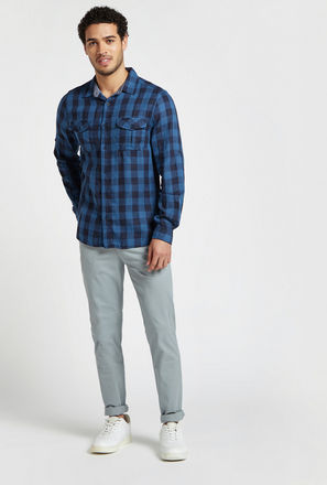 Solid Mid-Rise Pants with Button Closure and Pockets